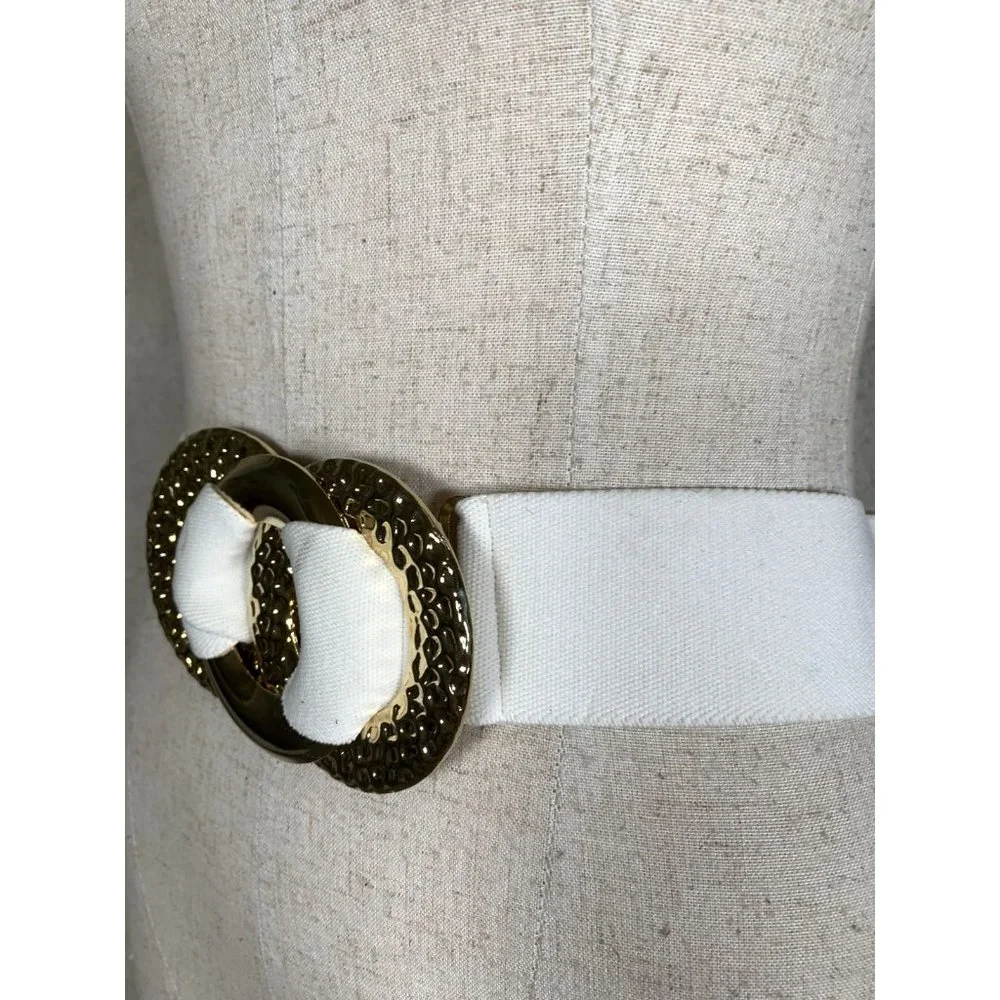 Vintage Statement Belt Womens Gold Accent White Elastic Waist 90s‎ Retro Wide